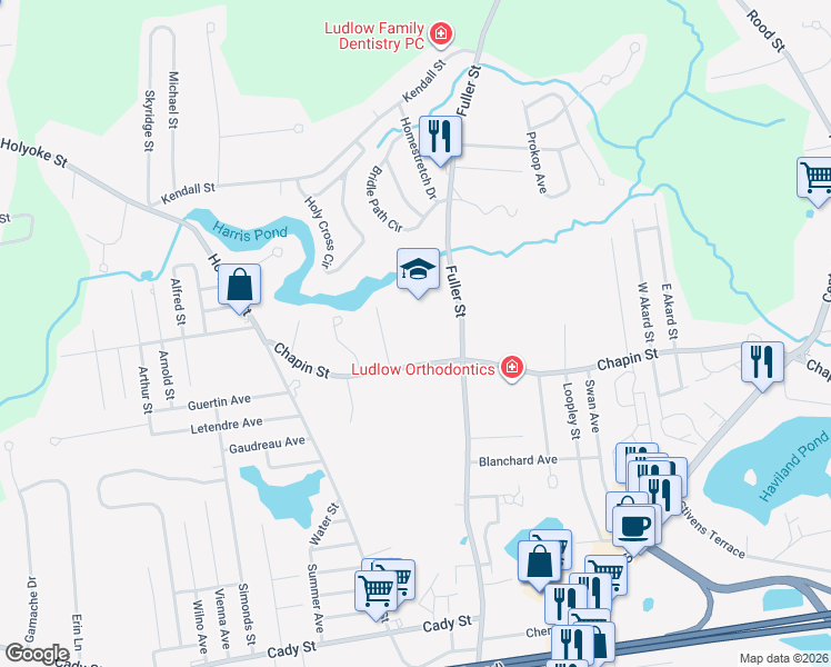 map of restaurants, bars, coffee shops, grocery stores, and more near 766 Chapin Street in Ludlow