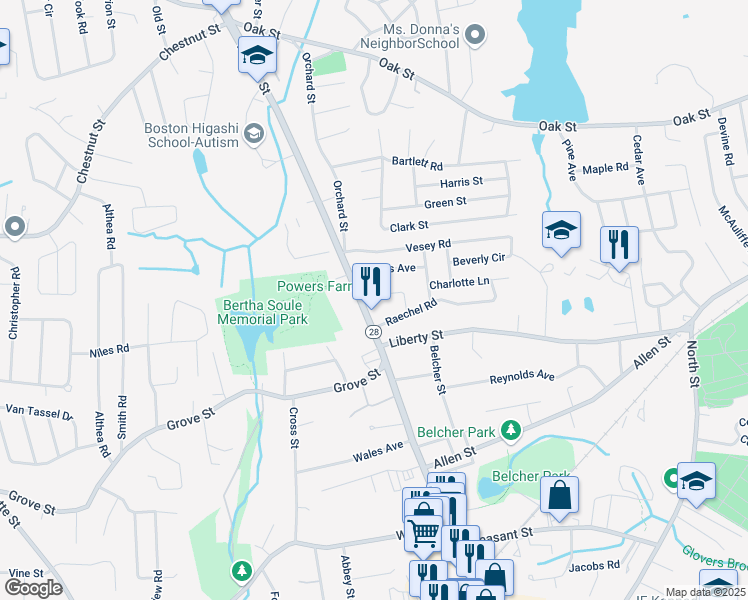 map of restaurants, bars, coffee shops, grocery stores, and more near 17 Jones Avenue in Randolph