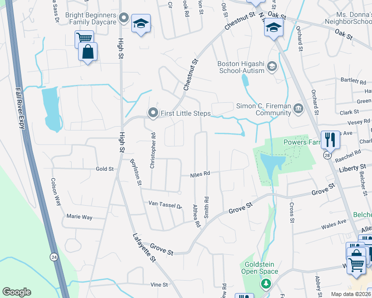 map of restaurants, bars, coffee shops, grocery stores, and more near 27 Althea Road in Randolph