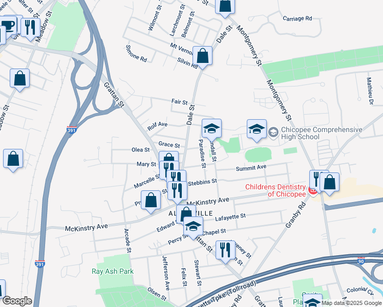 map of restaurants, bars, coffee shops, grocery stores, and more near 176 Grace Street in Chicopee