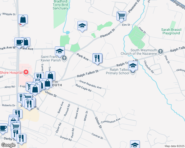 map of restaurants, bars, coffee shops, grocery stores, and more near 16 Stephen Rennie Drive in Weymouth