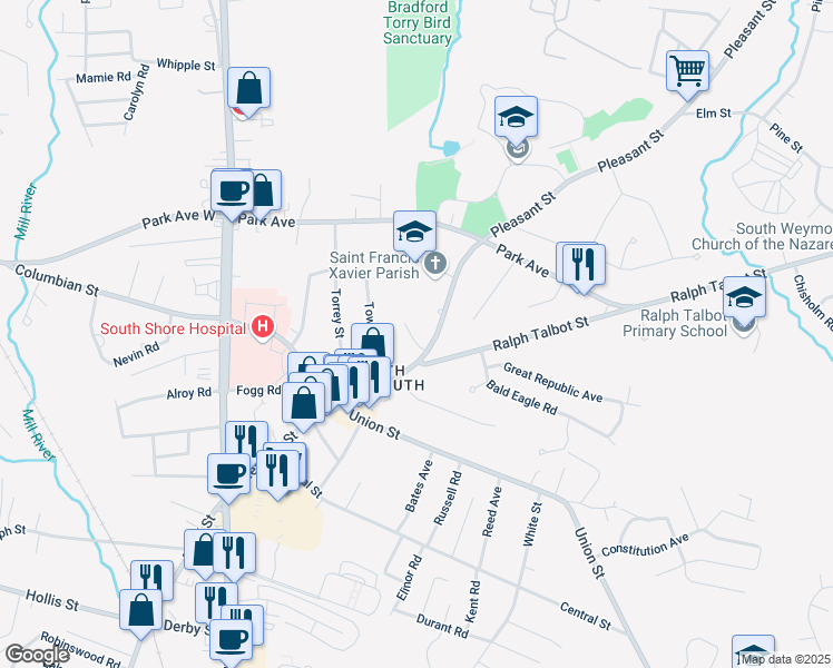 map of restaurants, bars, coffee shops, grocery stores, and more near 186 Off Pleasant Street in Weymouth
