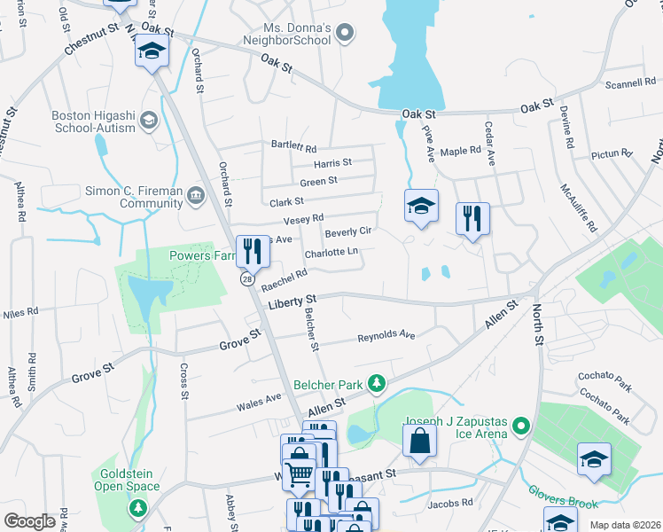 map of restaurants, bars, coffee shops, grocery stores, and more near 11 Charlotte Lane in Randolph