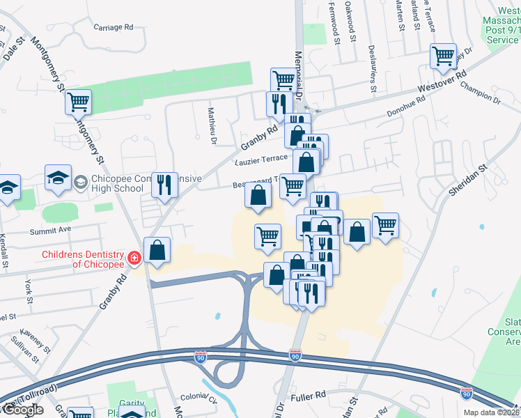 map of restaurants, bars, coffee shops, grocery stores, and more near 199 Beauregard Terrace in Chicopee