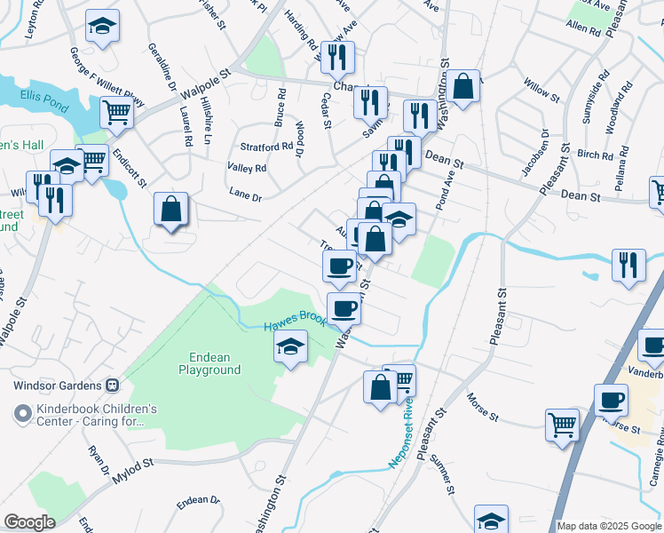 map of restaurants, bars, coffee shops, grocery stores, and more near 38 Tremont Street in Norwood