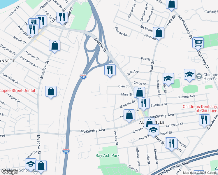 map of restaurants, bars, coffee shops, grocery stores, and more near 87 Olea Street in Chicopee