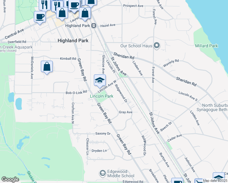 map of restaurants, bars, coffee shops, grocery stores, and more near 1330 Ridgewood Drive in Highland Park