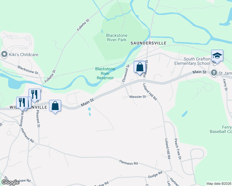 map of restaurants, bars, coffee shops, grocery stores, and more near 173 Main Street in Grafton