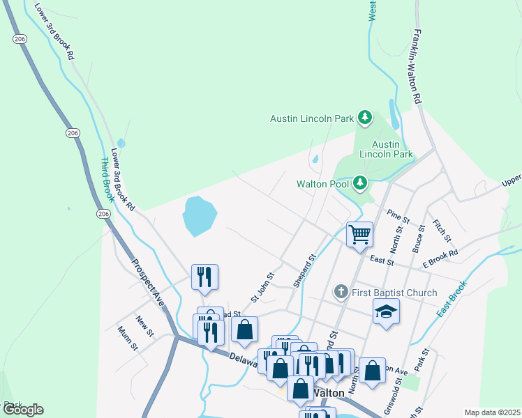 map of restaurants, bars, coffee shops, grocery stores, and more near 142 East Street in Walton