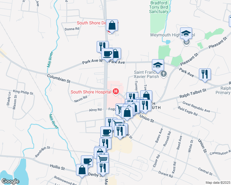 map of restaurants, bars, coffee shops, grocery stores, and more near 55 Fogg Road in Weymouth