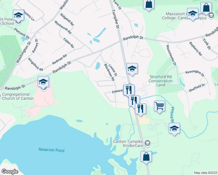 map of restaurants, bars, coffee shops, grocery stores, and more near 1 Rustlewood Drive in Canton