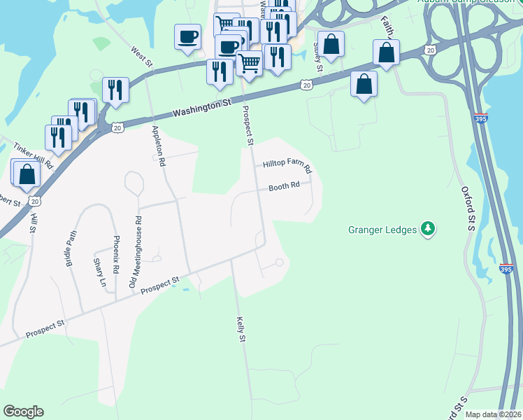 map of restaurants, bars, coffee shops, grocery stores, and more near 89 Prospect Street in Auburn