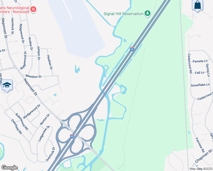 map of restaurants, bars, coffee shops, grocery stores, and more near Interstate 95 in Norwood