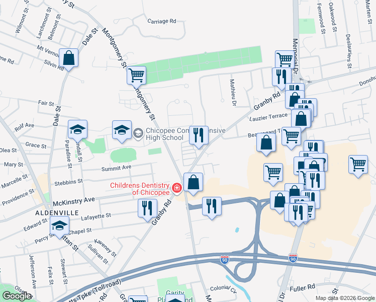 map of restaurants, bars, coffee shops, grocery stores, and more near 1246 Granby Road in Chicopee