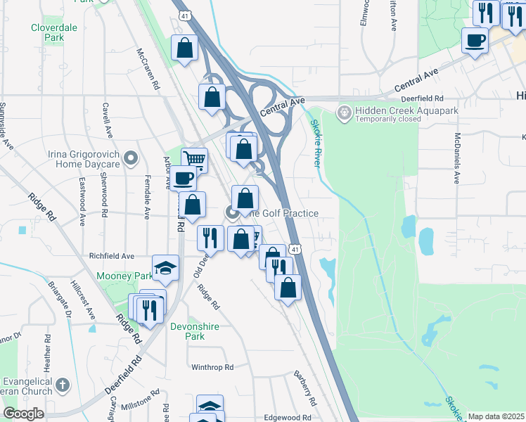 map of restaurants, bars, coffee shops, grocery stores, and more near 1215-1385 Old Skokie Valley Road in Highland Park