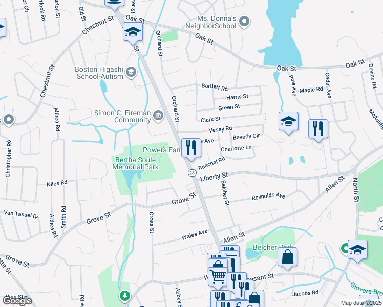 map of restaurants, bars, coffee shops, grocery stores, and more near 17 Jones Avenue in Randolph