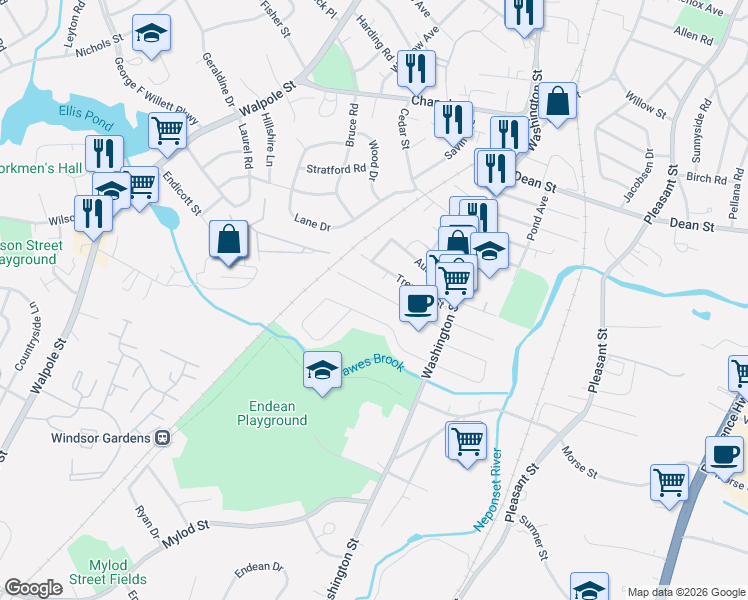 map of restaurants, bars, coffee shops, grocery stores, and more near 85 Concord Avenue in Norwood