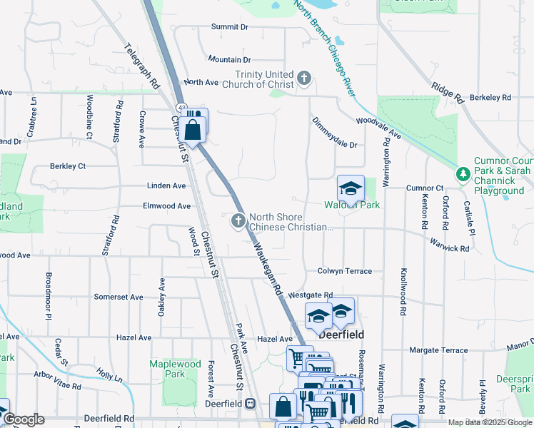 map of restaurants, bars, coffee shops, grocery stores, and more near 1305 Warwick Court in Deerfield