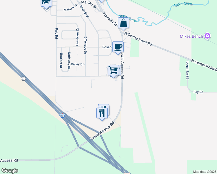 map of restaurants, bars, coffee shops, grocery stores, and more near 600 Ford Ln in Center Point
