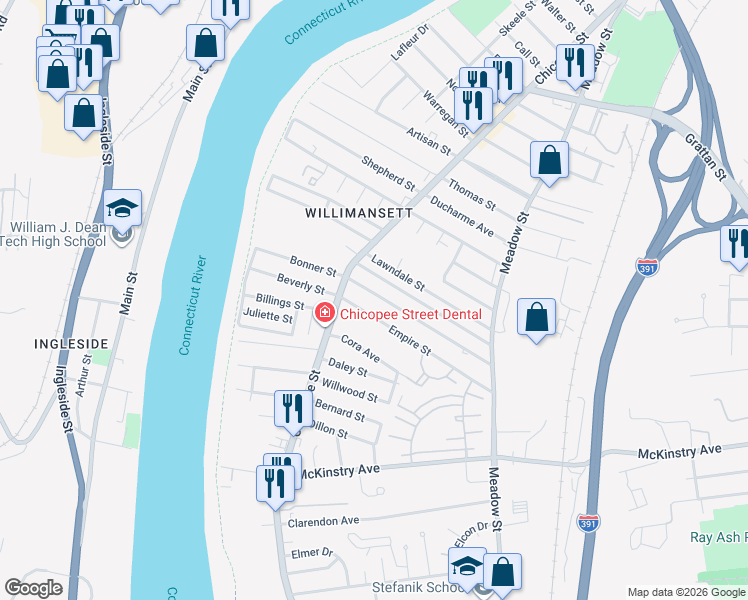 map of restaurants, bars, coffee shops, grocery stores, and more near 36 State Street in Chicopee