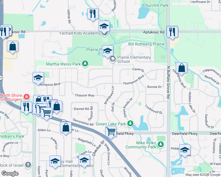 map of restaurants, bars, coffee shops, grocery stores, and more near 700 Thompson Boulevard in Buffalo Grove