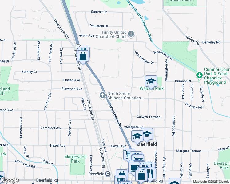 map of restaurants, bars, coffee shops, grocery stores, and more near 1305 Warwick Court in Deerfield