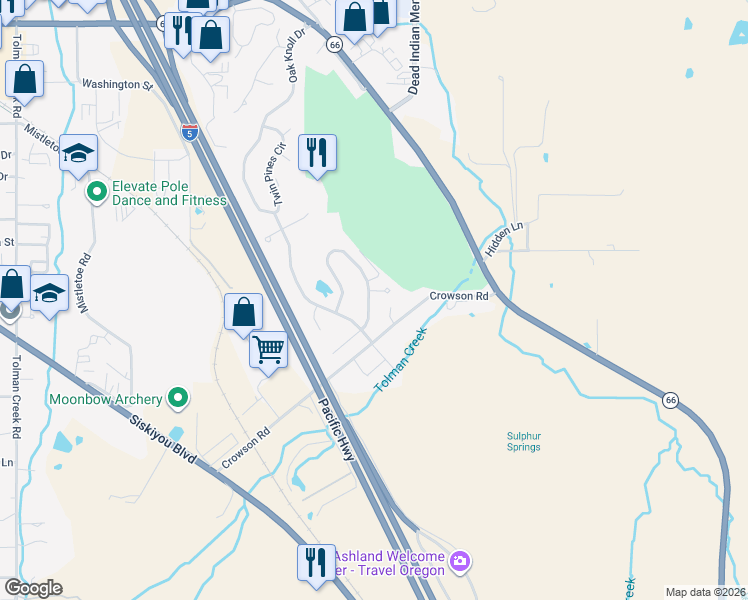 map of restaurants, bars, coffee shops, grocery stores, and more near 929 Cypress Point Loop in Ashland