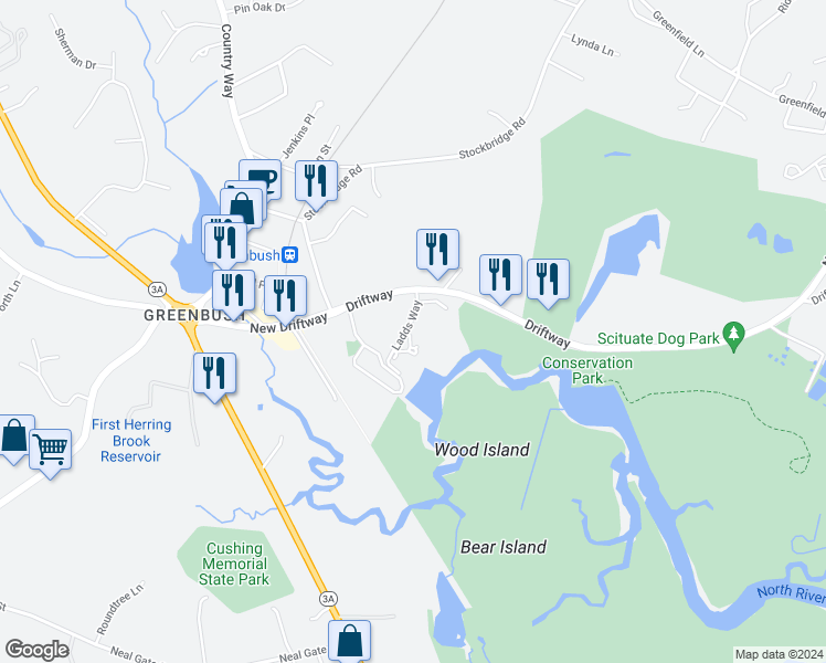 map of restaurants, bars, coffee shops, grocery stores, and more near 49 Ladds Way in Scituate