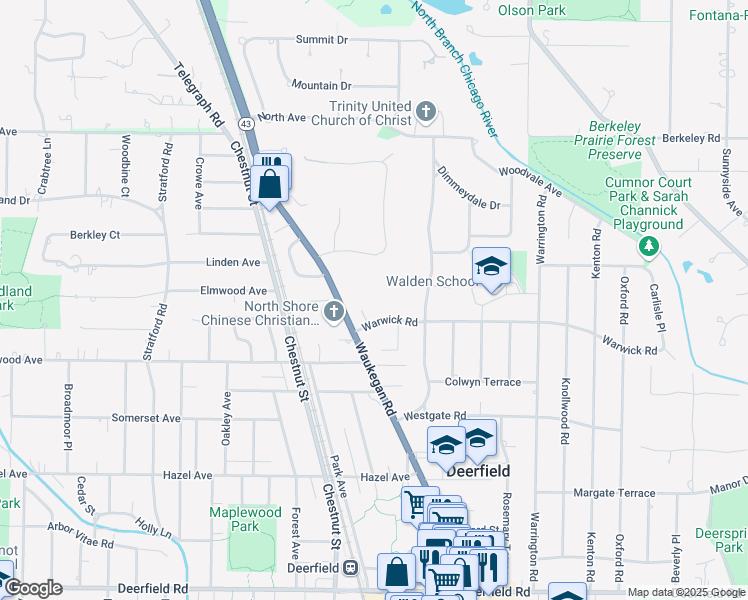 map of restaurants, bars, coffee shops, grocery stores, and more near 1305 Warwick Court in Deerfield