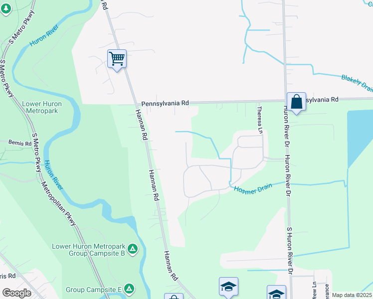 map of restaurants, bars, coffee shops, grocery stores, and more near 17450 Ava Court in Huron Charter Township