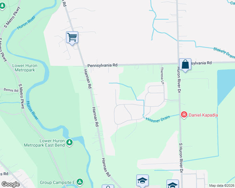 map of restaurants, bars, coffee shops, grocery stores, and more near 17450 Ava Court in Huron Charter Township