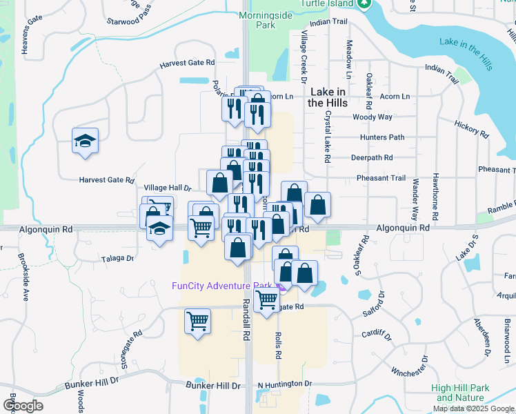 map of restaurants, bars, coffee shops, grocery stores, and more near 211 North Randall Road in Lake in the Hills
