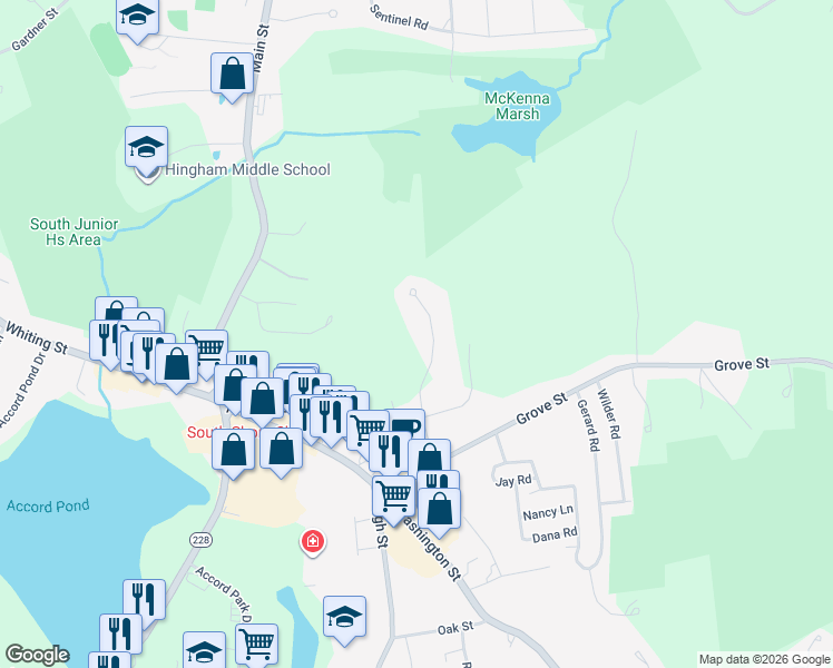 map of restaurants, bars, coffee shops, grocery stores, and more near 47 Bay Path Lane in Norwell