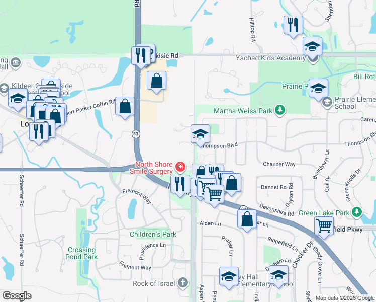 map of restaurants, bars, coffee shops, grocery stores, and more near 5111 North Arlington Heights Road in Long Grove
