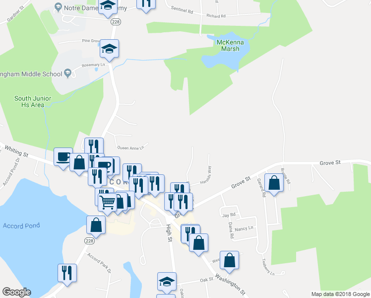 map of restaurants, bars, coffee shops, grocery stores, and more near 47 Bay Path Lane in Norwell