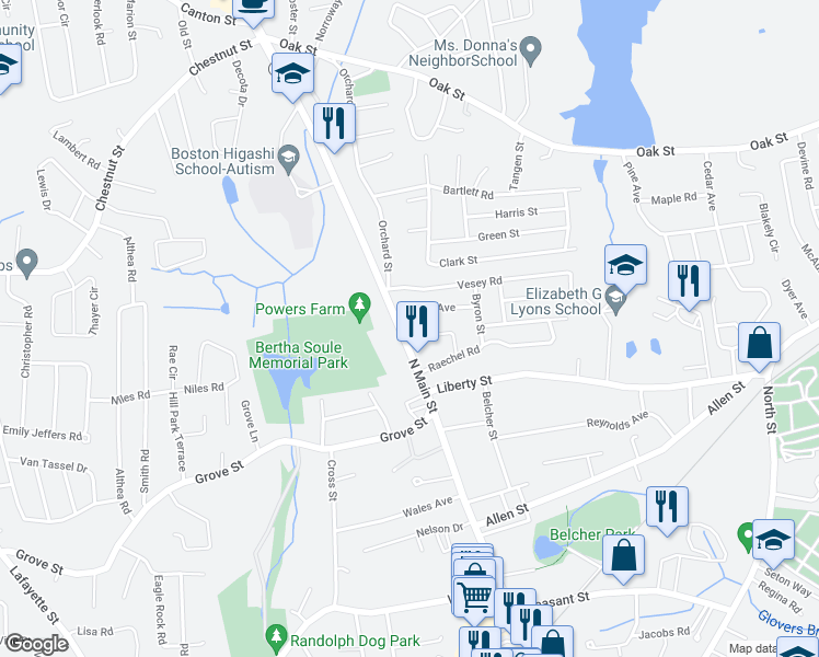 map of restaurants, bars, coffee shops, grocery stores, and more near 579 North Main Street in Randolph