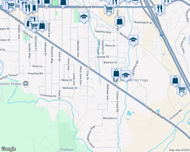 map of restaurants, bars, coffee shops, grocery stores, and more near 2234 Siskiyou Boulevard in Ashland