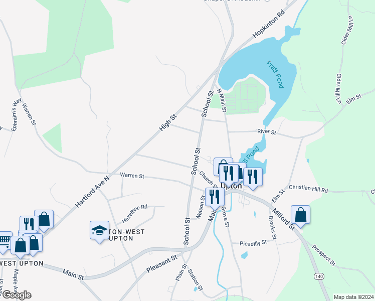 map of restaurants, bars, coffee shops, grocery stores, and more near 46A School Street in Upton