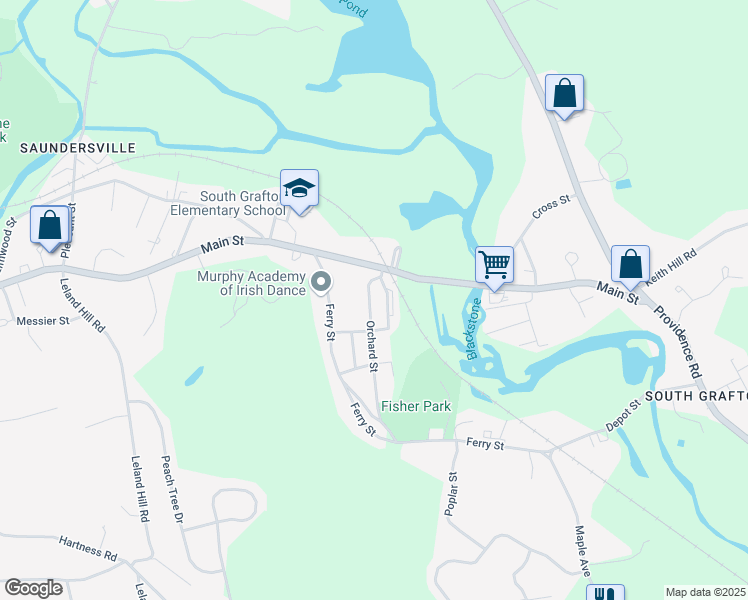map of restaurants, bars, coffee shops, grocery stores, and more near 11 Orchard Street in Grafton
