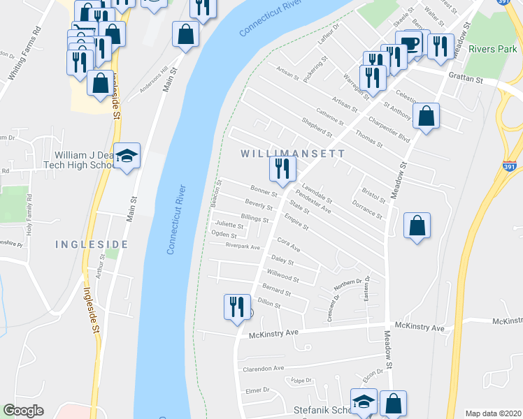map of restaurants, bars, coffee shops, grocery stores, and more near 38 Beverly Street in Chicopee