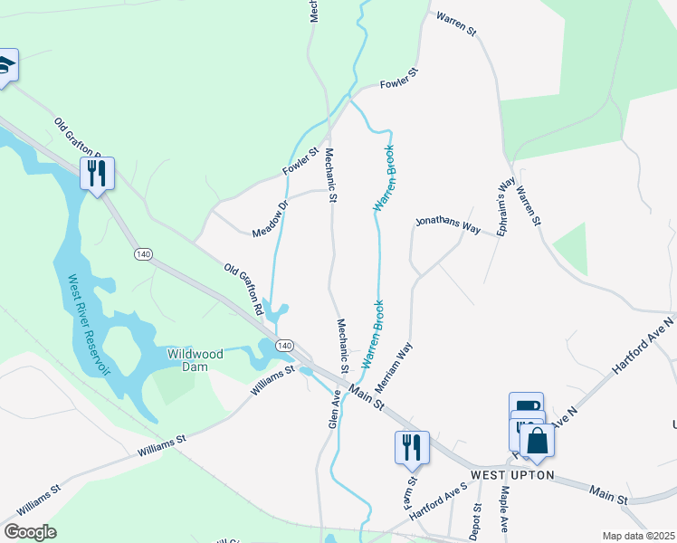 map of restaurants, bars, coffee shops, grocery stores, and more near 23 Mechanic Street in Upton