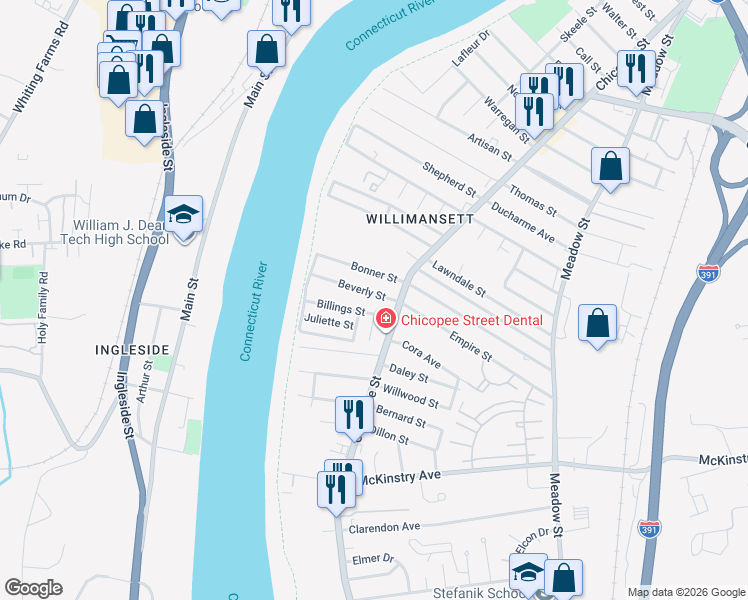 map of restaurants, bars, coffee shops, grocery stores, and more near 38 Beverly Street in Chicopee