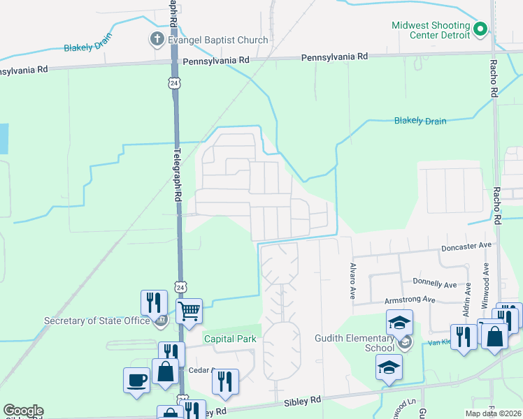 map of restaurants, bars, coffee shops, grocery stores, and more near 23520 Matts Drive in Brownstown Charter Township