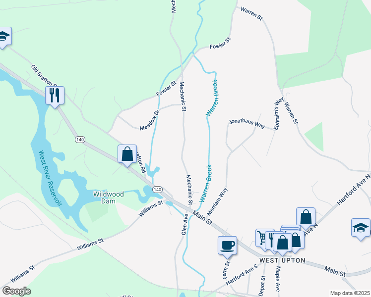 map of restaurants, bars, coffee shops, grocery stores, and more near 23 Mechanic Street in Upton