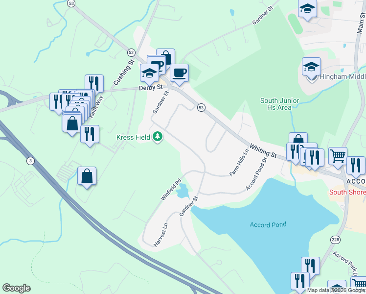 map of restaurants, bars, coffee shops, grocery stores, and more near 295 Gardner Street in Hingham