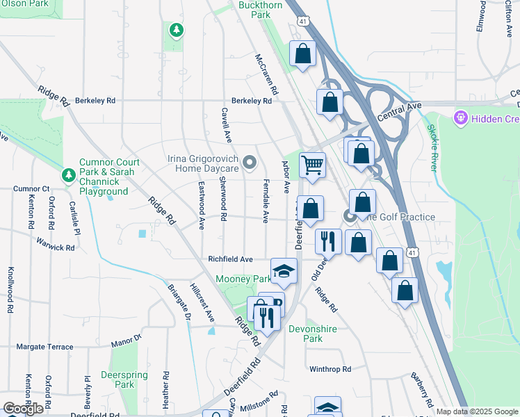 map of restaurants, bars, coffee shops, grocery stores, and more near 1341 Ferndale Avenue in Highland Park