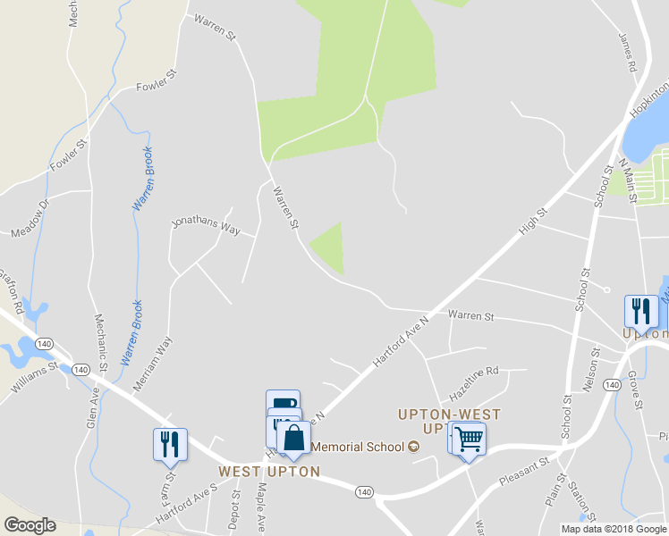 map of restaurants, bars, coffee shops, grocery stores, and more near 69 Warren Street in Upton