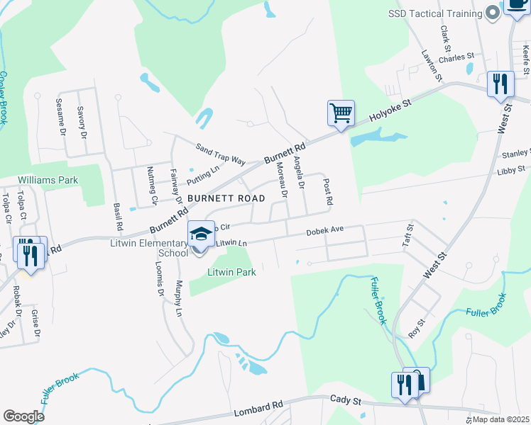 map of restaurants, bars, coffee shops, grocery stores, and more near 162 Olko Circle in Chicopee