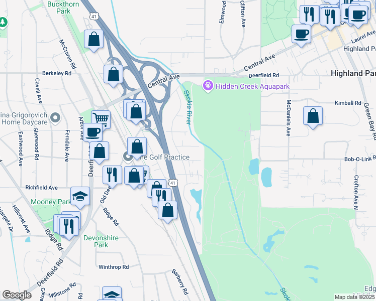 map of restaurants, bars, coffee shops, grocery stores, and more near 1324 Golf Avenue in Highland Park