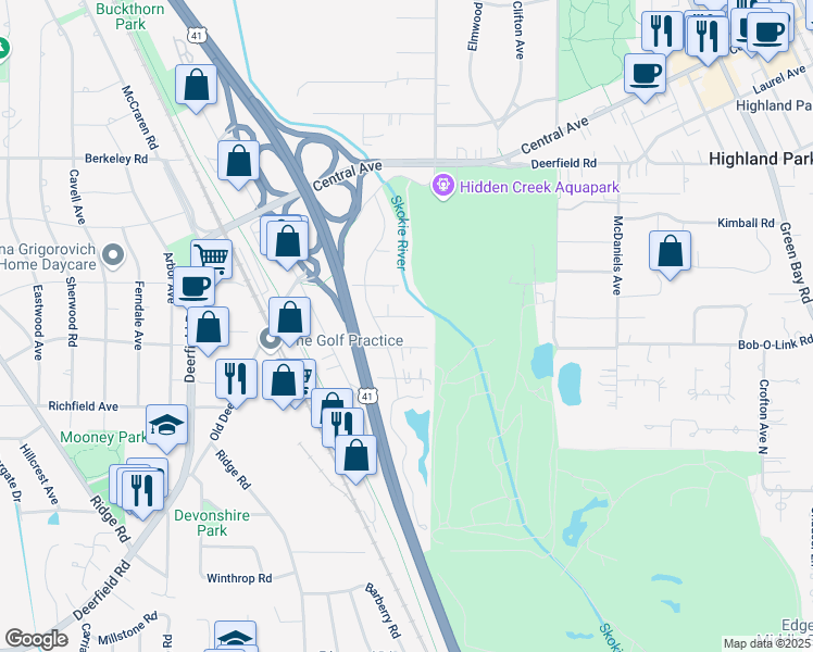 map of restaurants, bars, coffee shops, grocery stores, and more near 1324 Golf Avenue in Highland Park